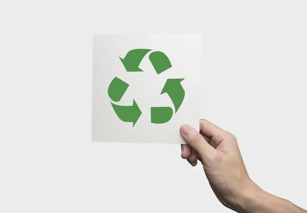 Kezében Elszigetelt Fehér Background Recycle Szimbólum Környezetbarát Mentse Föld Koncepció — Stock Fotó