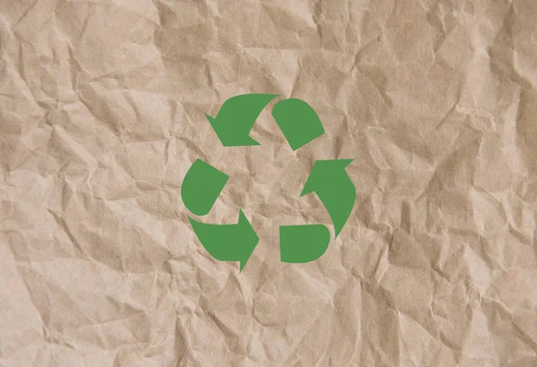 Reciclar Símbolo Fundo Papel Marrom Vista Superior Eco Salvar Conceito — Fotografia de Stock