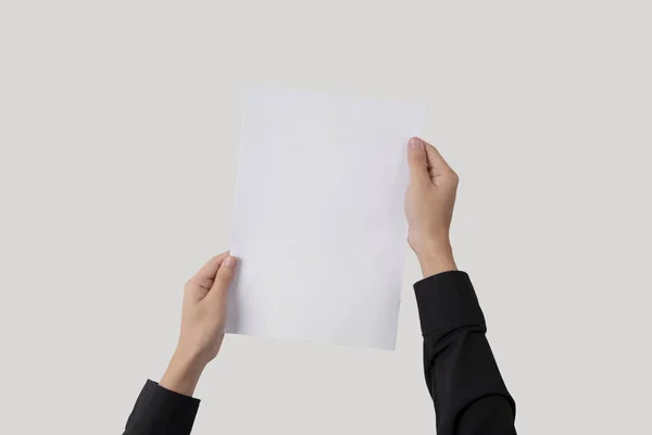 Muestra Mano Papel Blanco Volante Para Maqueta Logotipo Plantilla Marca — Foto de Stock