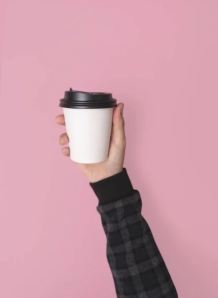 Hand Holdinf Coffee Paper Cup Mockup Creative Design Branding Pink — Stock Photo, Image