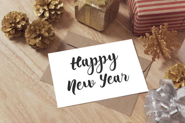 Feliz Año Nuevo Vacaciones Felicitación Tarjeta Papel Diseño Maqueta Con —  Fotos de Stock