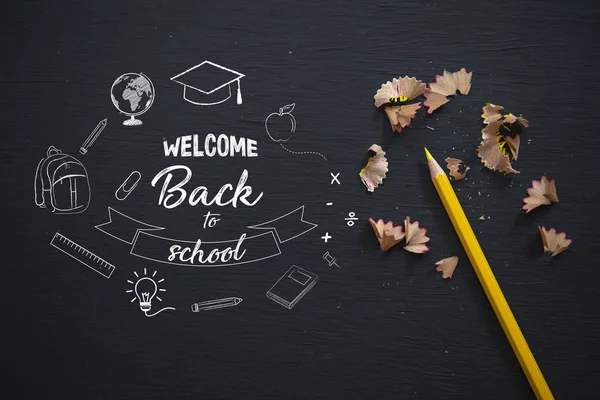 Education and supplies for banner background on blackboard — Stock Photo, Image