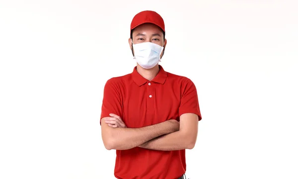 Asian Delivery Man Wearing Face Mask Red Uniform Isolated White — Stock Photo, Image