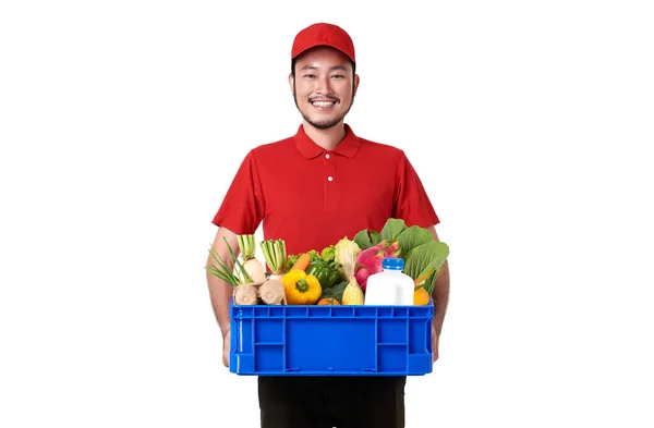 Asijské Dodávky Muž Sobě Červené Uniformě Držení Čerstvé Potraviny Koše — Stock fotografie