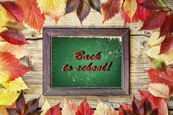 Frame: Back to school Frame from colored autumn leaves and an inscription Back to school on a wooden background.