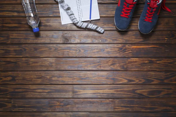 Blue Running Shoes Fitness Accessories Dark Wooden Background Copy Space — Stock Photo, Image