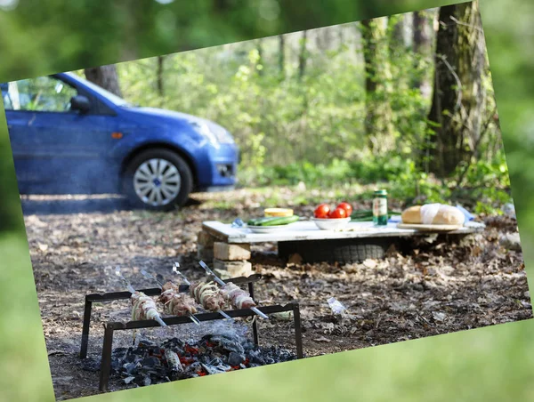 abstract background. Barbecue family. Concept of outdoor recreation by the family. On a background blurred car. camping. picnic in the forest