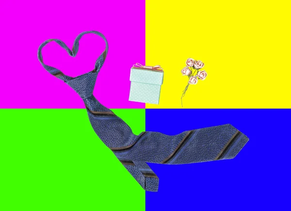 minimalism, Happy Father's Day. tie, gift box and flower on a multi-colored abstract background. top view. copy space