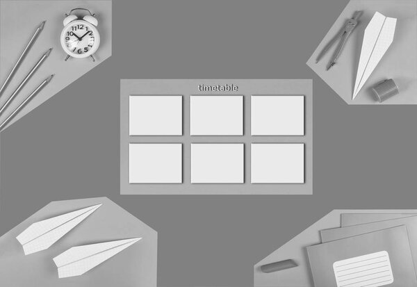 MINIMALISM. black and white.mock school timetable. time management concept. school stationery, empty stickers, plane on orange paper background. designer's preparation. top view. flat lay,
