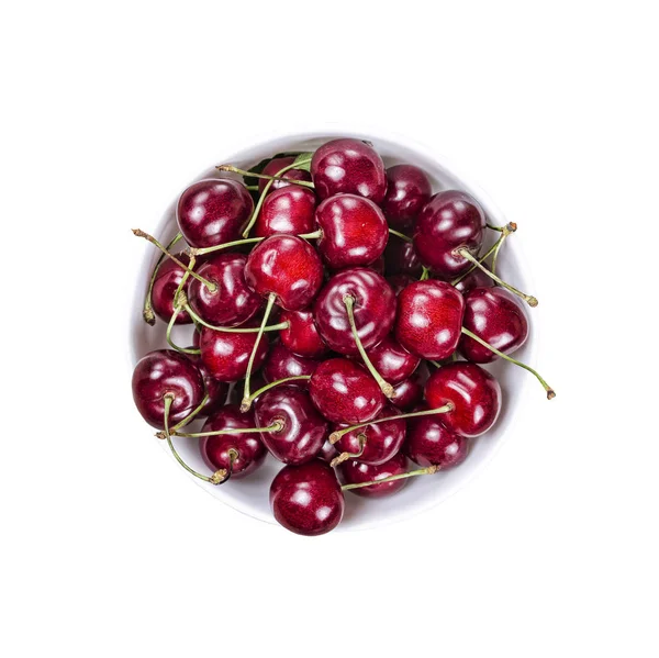 Pohled Shora Mísa Cherry Bobule Izolovaných Bílém Pozadí Kopie Prostor — Stock fotografie
