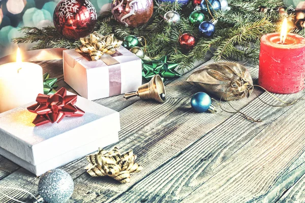 Δώρο Κουτιά Και Χριστουγεννιάτικα Στολίδια Ξύλινα Φόντο Σύνορα Σχεδιασμό Χειροποίητο — Φωτογραφία Αρχείου
