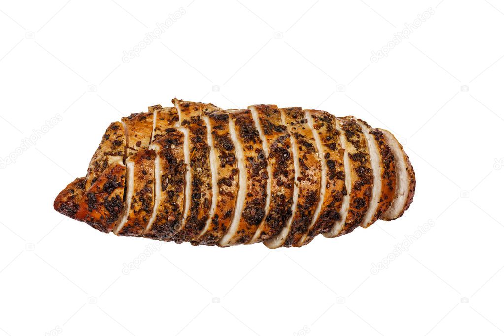 Fresh barbeque chicken isolated on white background. grilled chicken steak sliced isolated on white background. top view. copy space