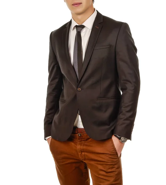 Young Slim Guy Fashionable Suit Isolated White Background Stylish Clothes — Stock Photo, Image