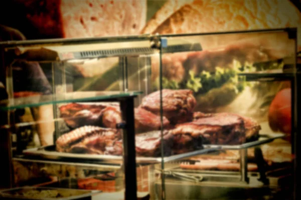 Rozmycie Obraz Tła Sprzedawcy Uliczni Pieczone Mięso Szklanych Gablotach Ulicy — Zdjęcie stockowe
