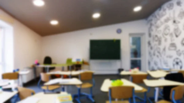 Blur background image. School class with school desks and green blackboard. Concept: back to school