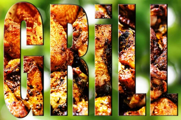 Font GRILL on a natural background of green foliage, font with transparency Chicken grilled legs in a barbecue sauce. Concept: food on open air, food out-doors.