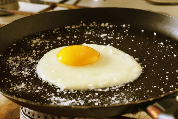 fried egg in a frying pan on a gas burner