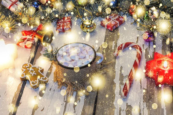 Natal, homens de gengibre, Close-up, decoração, feriado, doce, xmas, biscoitos, marshmallows, chocolate — Fotografia de Stock