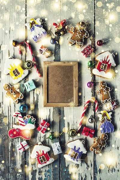 Natal, homens de gengibre, Close-up, decoração, feriado, doce, xmas, biscoitos, marshmallows, chocolate, espaço de cópia — Fotografia de Stock