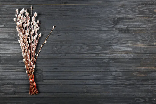 Symbol Der Feiertage Ostern Weidenzweige Auf Schwarzem Hintergrund Mit Kopierraum — Stockfoto