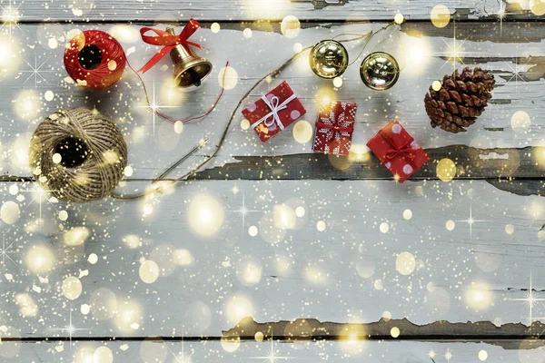 Kerstmis Achtergrond Met Geschenkdozen Christmas Bell Fir Kegel Houten Planken — Stockfoto