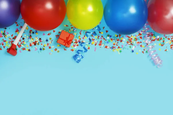 Flache Lage Blaues Papier Mit Luftschlangen Geschenkschachteln Luftballons Helles Konfetti — Stockfoto