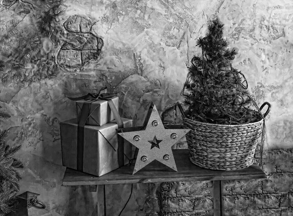 Noir Blanc Intérieur Noël Arbre Noël Décoratif Cadeaux Étoile Noël — Photo