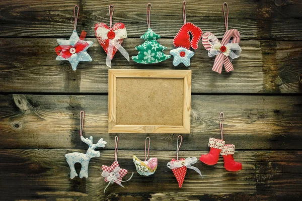 Frame Homemade Christmas Speelgoed Kerstversiering Een Houten Tafel Kopie Ruimte — Stockfoto