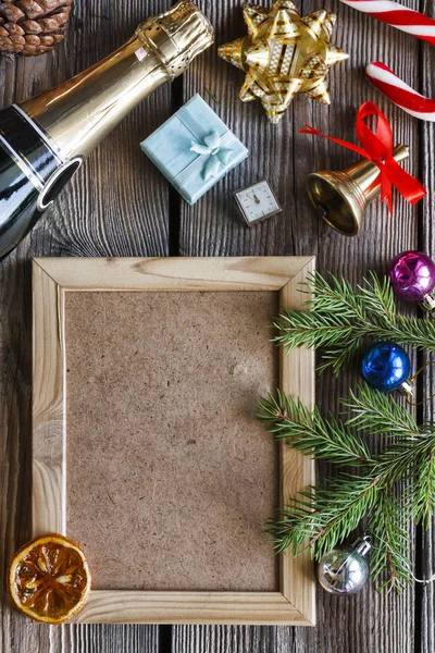 Kerstkaart Champagne Met Christmas Bell Kopie Ruimte — Stockfoto