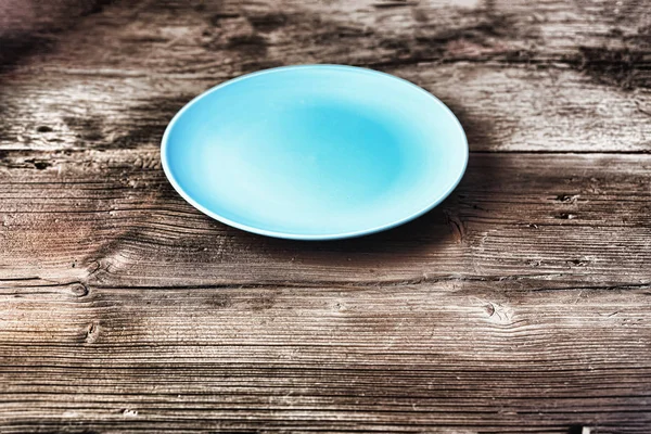 Assiette Vide Bleue Sur Une Table Bois Style Rustique Cuisine — Photo