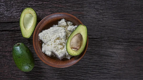 Cottage Cheese Avocado Wooden Table Top View Healthy Food — Stock Photo, Image