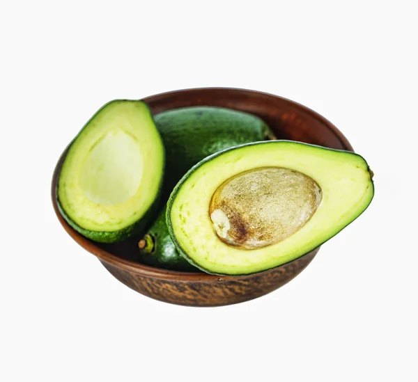 Ripe Avocado Sliced Clay Bowl Isolated White Background — Stock Photo, Image