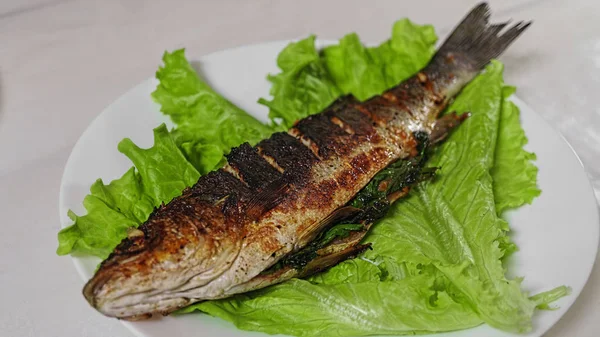 Grilled Sea Bass Curry Paste Lettuce Leaves Restaurant Menu — Stock Photo, Image