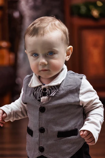Portrait Kid Smart Suit Baby Learns Walk — Stock Photo, Image