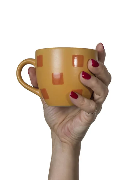 Bras Levé Tenir Une Tasse Café Thé Isolé — Photo