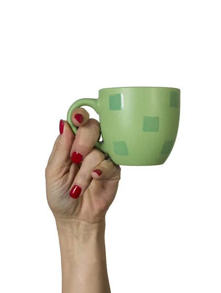 Karját Emelte Tartsa Egy Csésze Kávé Vagy Tea — Stock Fotó