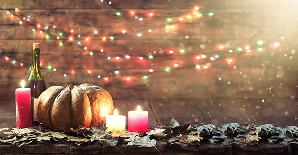 Thanksgiving, pumpkin, Thanksgiving Day, Halloween festival, Autumn festival, wine, candles, autumn leaves, garland, Copy space, holiday scenes, harvest, Thanksgiving, fall, November, autumn