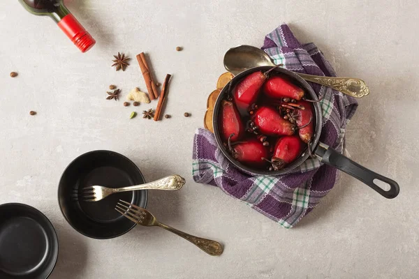 traditional dessert Beaujolais Pears in Red Wine Poached Pears french dessert. Beaujolais wine