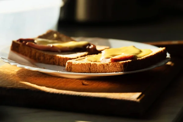 Morning Sandwiches Cheese Ham Morning Preparing Breakfast — Stock Photo, Image