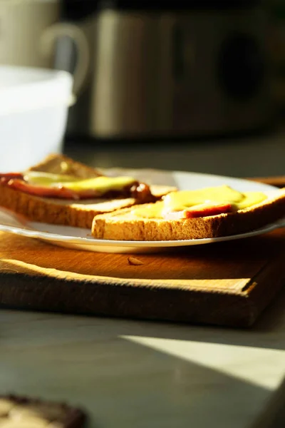 Morning Sandwiches Cheese Ham Morning Preparing Breakfast — Stock Photo, Image