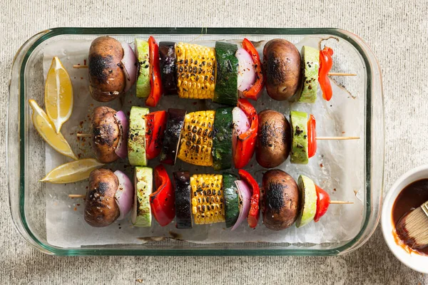 Preparing Vegan Kebab Variety Vegetables Shiitake Mushrooms — Stock Photo, Image