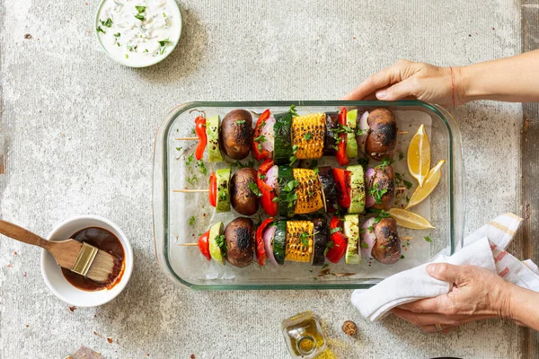 Preparing Vegan Kebab Variety Vegetables Shiitake Mushrooms — Stock Photo, Image