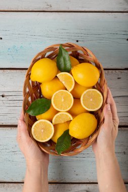 Olgun limonlar, mavi ahşap bir arka planda hasır bir sepette kadın ellerinde.