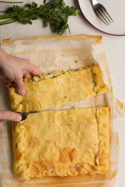 Kvinna Skär Hemlagad Vegetarisk Paj Bitar — Stockfoto