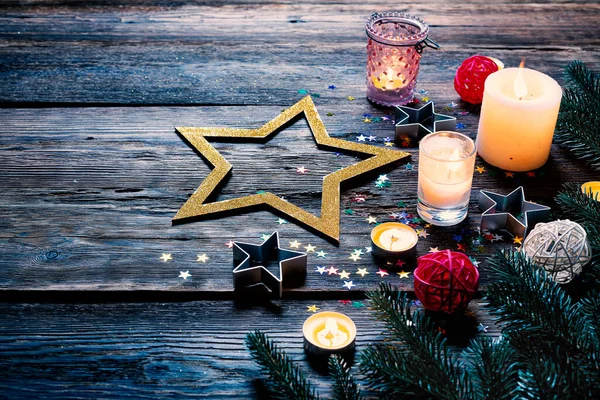 Noel arkaplanı, şenlikli dekorasyon, üst manzara — Stok fotoğraf