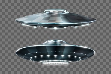UFO. Tanımlanamayan uçan cisim. Şeffaf bir arkaplan üzerinde gelecekçi UFO, vektör illüstrasyonu.