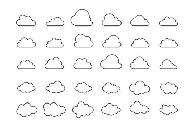 Bulut kümesi. Beyaz arkaplanda izole edilmiş basit bulutlar, vektör illüstrasyonu.