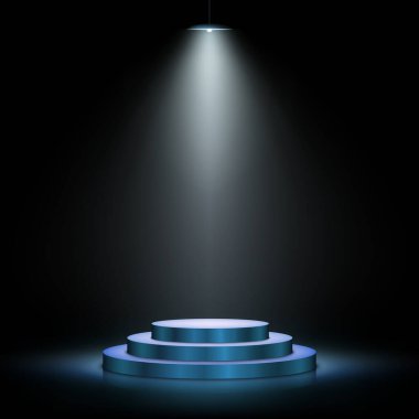 Işıklı podyum. Karanlık arka planda ödül töreni sahnesi. Vektör illüstrasyonu. 