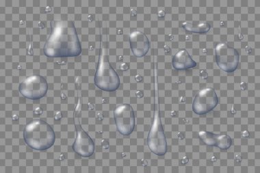 Şeffaf yüzeyde saydam su damlaları, vektör illüstrasyonu