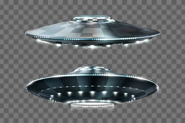 UFO. Tanımlanamayan uçan cisim. Şeffaf bir arkaplan üzerinde gelecekçi UFO, vektör illüstrasyonu.